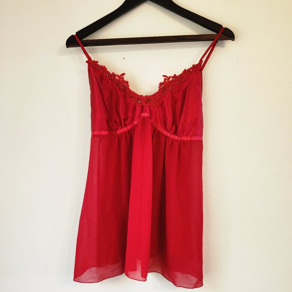 Cosmopolitan Nightgown Cami Babydool Red Bead Lace Women sz L  Vtg Retro Y2K
